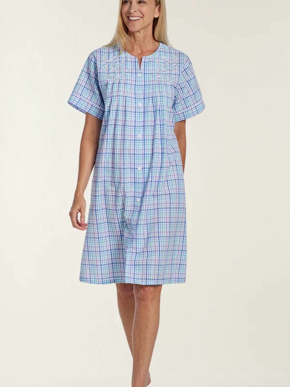 Miss Elaine Blue Plaid Short-Sleeve Button-Front Nightgown